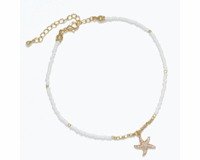Gold Toned and White Beaded Starfish Anklet