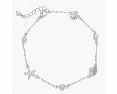 Silver Toned Faux Pearls and Sealife Charms Anklet