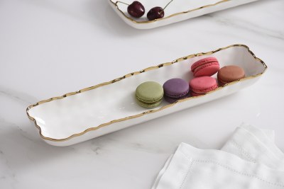 3" x 13" White and Gold Ceramic Cracker Tray by Pampa Bay