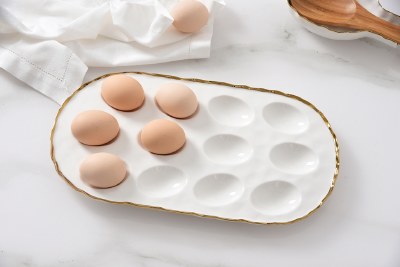 8" x 15" Oval White and Gold Ceramic Egg Tray by Pampa Bay
