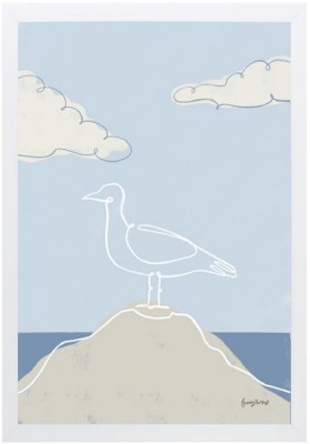 21" x 15" White Bird Outline on an Island Coastal Print in a White Frame Under Glass
