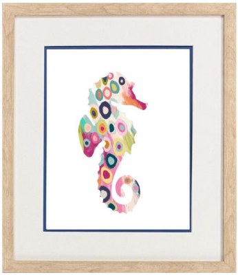17" x 15" Multicolor Dotted Seahorse Coastal Print in a Natural Wood Frame Under Glass