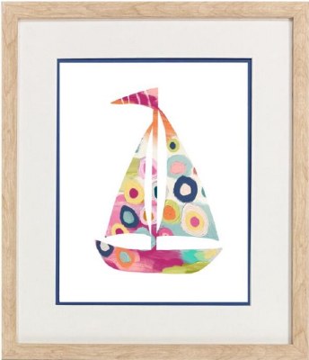 17" x 15" Multicolor Dotted Sailboat Coastal Print in a Natural Wood Frame Under Glass