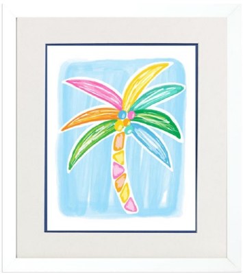 16" x 14" Multicolor Palm Tree Coastal Print in a White Frame Under Glass