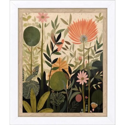 24" x 20" Orange Flower at the Top Botanical Print in a Natural Wood and White Frame Under Glass
