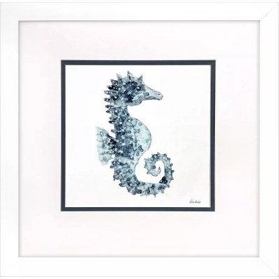 23" Sq Blue Seahorse on a White Background Coastal Print in a White Frame Under Glass
