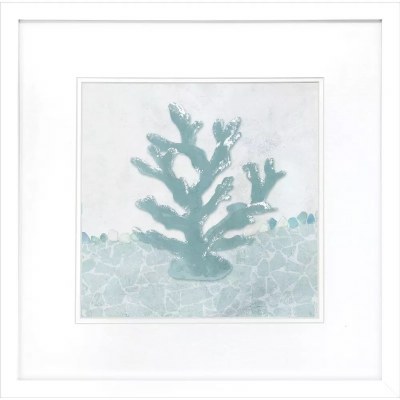 19" Sq Turquoise Coral on a White Background Coastal Print Under Glass