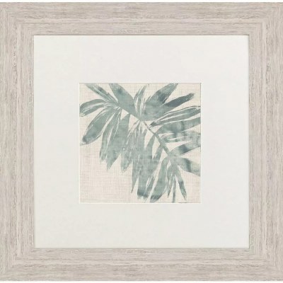 22" Sq Green Areca Frond Tropical Print in a Whitewash Frame Under Glass
