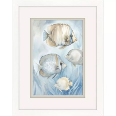 27" x 21" Light Stripe Fish Coastal Print in a White Frame Under Glass