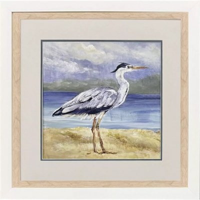 26" Sq Blue Heron Standing Horizontal Coastal Print in a Natural Wood Frame Under Glass