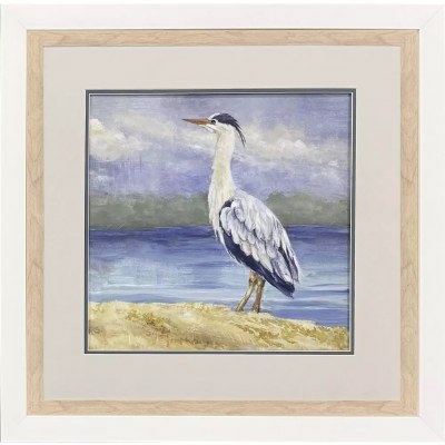 26" Sq Blue Heron Standing Vertical Coastal Print in a Natural Wood Frame Under Glass