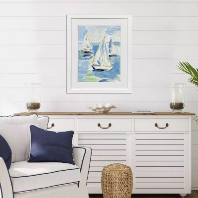 33" x 27" Set Sail 1 Coastal Print in a White Frame Under Glass