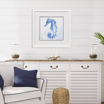 29" Sq Indigo Seahorse Coastal Print in a White Frame Under Glass