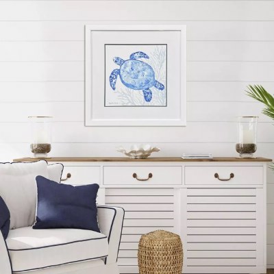 29" Sq Indigo Sea Turtle Coastal Print in a White Frame Under Glass