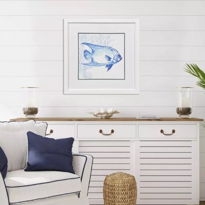 29" Sq Indigo Fish Coastal Print in a White Frame Under Glass
