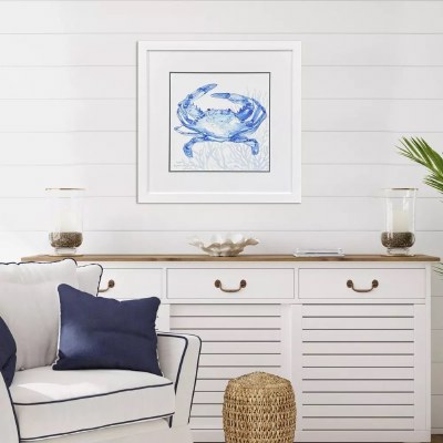 29" Sq Indigo Crab Coastal Print in a White Frame Under Glass