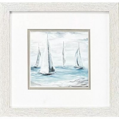 11" Sq Big Sailboat on the Left Coastal Print in a Whitewash Frame Under Glass