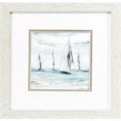 11" Sq Big Sailboat on the Right Coastal Print in a Whitewash Frame Under Glass