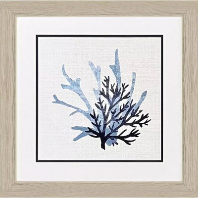 19" Sq Dark Blue Coral Coastal Print in a Natural Wood Frame Under Glass