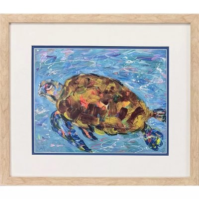 18" x 21" Sea Turtle Swimming With It's Flippers Down Coastal Print in a Natural Wood Frame Under Glass