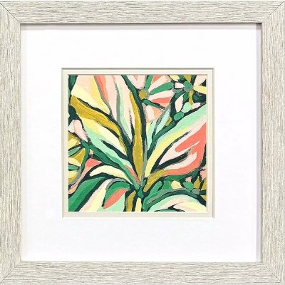 11" Sq Medium Multicolor Tropical Leaf in a Whitewash Frame Under Glass