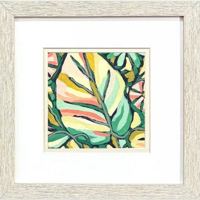 11" Sq Big Multicolor Tropical Leaf Print in a Whitwash Frame Under Glass