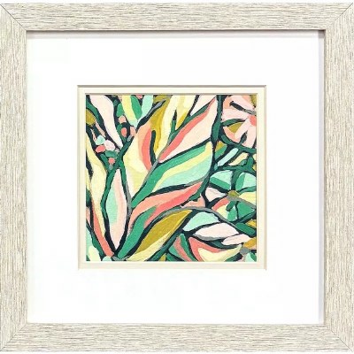 11" Sq Medium Multicolor Tropical Leaf Print in a Whitewash Frame Under Glass