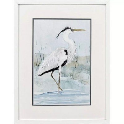 25" x 19" Heron With It's Legs Apart Coastal Print in a White Frame Under Glass