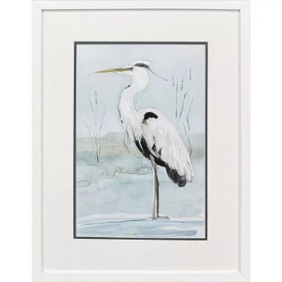 25" x 19" Heron With It's Legs Together Coastal Print in a White Frame Under Glass