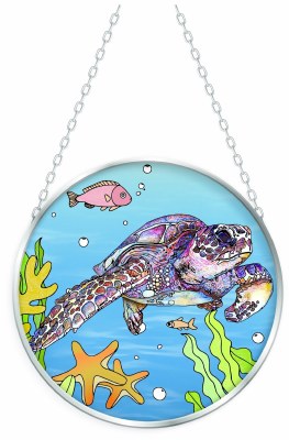 5" Round Sea Turtle Swimming Coastal Glass Suncatcher