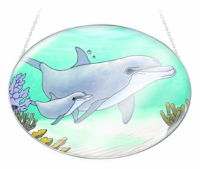 6" x 7" Oval Dolphin Swimming Coastal Glass Suncatcher