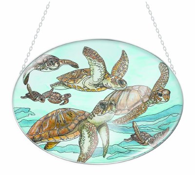 6" x 7" Oval Sea Turtles Swimming Coastal Glass Suncatcher