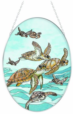 7" x 6" Oval Sea Turtles Swimming Coastal Glass Suncatcher