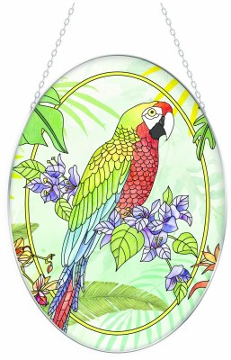 7" x 6" Oval Island Jewels Tropical Parrot Glass Suncatcher