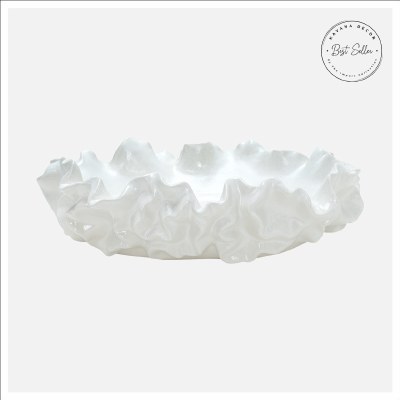 14" x 19" White Ruffles Decorative Ceramic Bowl
