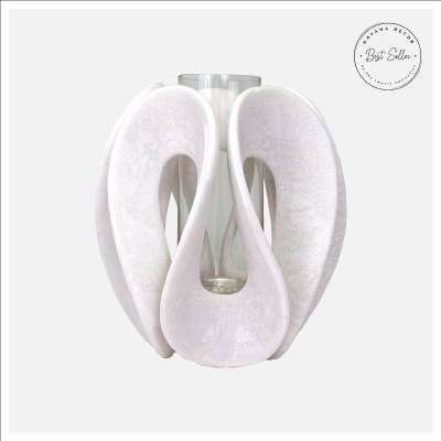 12" White Polyresin Ribbon With a Glass Hurricane Sculpture