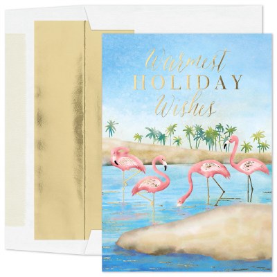 Box of 16 8" x 6" "Warmest Holiday Wishes" Festive Flamingos Coastal Christmas Cards