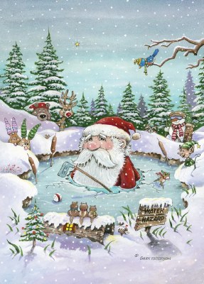 Box of 16 8" x 6" Santa Golfing on Ice Christmas Cards