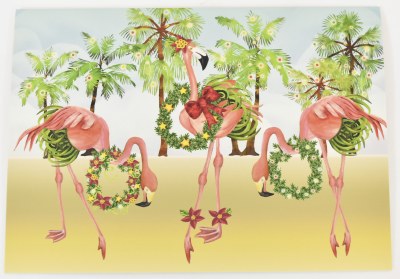 Box of 16 6" x 8" Three Flamingos Wearing Wreaths Coastal Christmas Cards