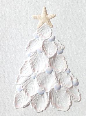Box of 10 Shell Christmas Tree With a Starfish Topper Embossed Christmas Greeting Card Size 6" x 4"