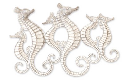 Distressed White Six Seahorses Coastal Metal Wall Art Plaque