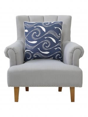 20" Sq Navy Fish Waves Decorative Coastal Pillow