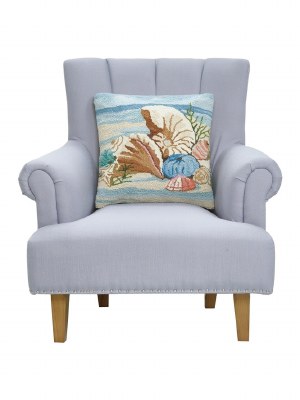 18" Sq Seashells on the Beach Decorative Coastal Hooked Pillow