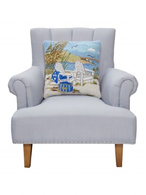 18" Sq Two White Chairs on the Beach Decorative Coastal Hooked Pillow