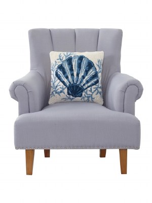16" Sq Navy and White Scallop Shell Decorative Coastal Hooked Pillow