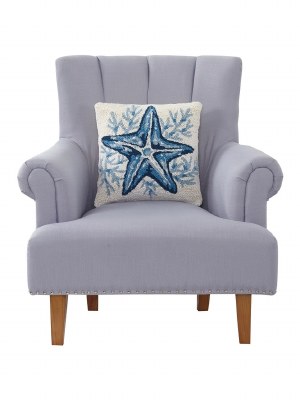 16" Sq Navy and White Starfish Decorative Coastal Hooked Pillow