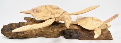 8" and 13" Wood Sea Turtles on a Driftwood Base