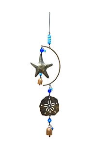 25" Distressed Bronze Metal Starfish and Sand Dollar With Glass Beads and a Bell Coastal Wind Chime