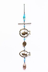 29" Distressed Bronze Metal Fish in a Fish With Glass Beads and a Bell Coastal Wind Chime