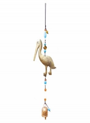 20" Distressed Bronze Metal a Pelicans Wak With Glass Beads and a Bell Coastal Wind Chime